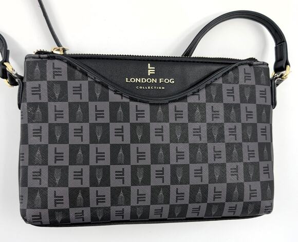 London Fog Handbags - London Fog Addison Tower Signature Print Crossbody Bag Purse Black